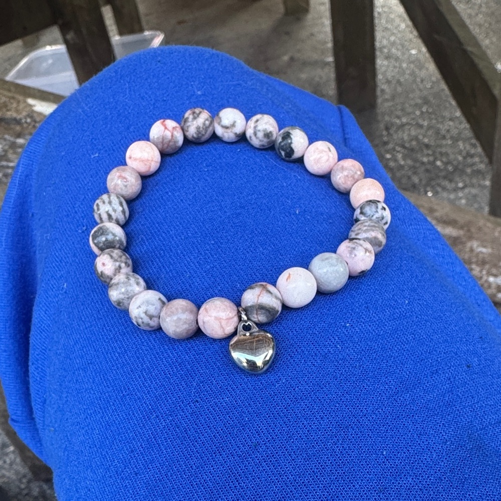 Pink and Gray Beaded Bracelet with Heart Charm
